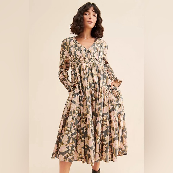 Let me Be Waistless Anthropologie Floral Long Sleeve Midi Dress - Picture 1 of 4